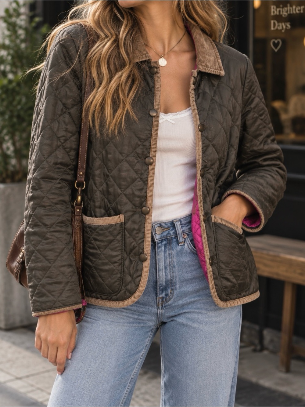 Lavenham UK Brown Quilted Barn Jacket Magenta Lining Corduroy Collar UK36/US S